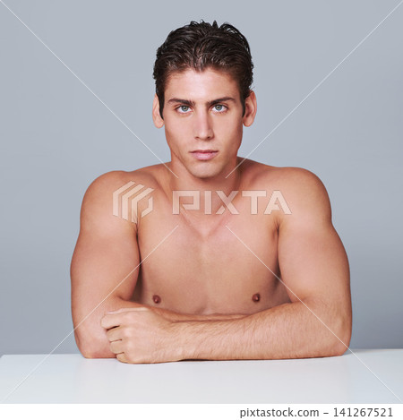 Man, portrait and skincare in studio for cosmetic treatment with dermatology, wellness or grey background. Male person, face and healthy transformation on mockup space or wellbeing, hygiene or health Man, portrait and skincare in studio for cosmetic treatment with dermatology, wellness or grey background. Male person, face and healthy transformation on mockup space or wellbeing, hygiene or health 141267521