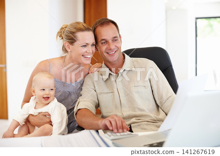 Parents, baby and laptop for home budget, planning and happy with finance, taxes or loan registration. Mother, father or family with child and computer for investment, savings and asset management Parents, baby and laptop for home budget, planning and happy with finance, taxes or loan registration. Mother, father or family with child and computer for investment, savings and asset management 141267619