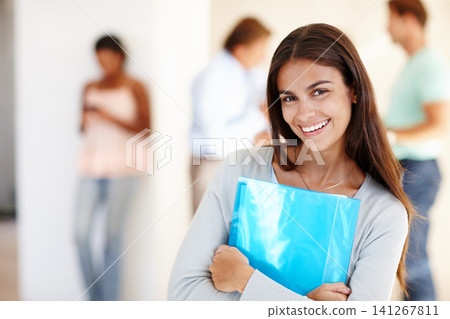 Woman student, portrait and books at campus for learning or education in media and journalism for future career. Female person or gen z, university and academy for knowledge, studying and degree. Woman student, portrait and books at campus for learning or education in media and journalism for future career. Female person or gen z, university and academy for knowledge, studying and degree. 141267811