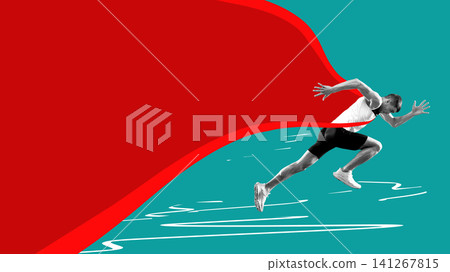 Sprint athlete breaking through graphic shape in minimal sports advertising design Sprint athlete breaking through graphic shape in minimal sports advertising design 141267815