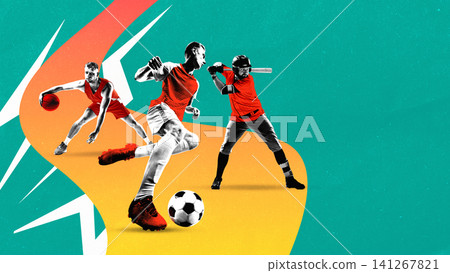 Modern sports collage featuring basketball soccer and baseball players for promotional design. 141267821
