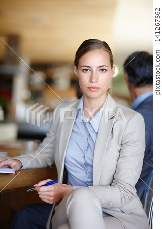 Serious woman, portrait or business people in meeting with pride, notes or confidence in boardroom. Teamwork, colleagues or employees planning strategy, feedback report or group project together 141267862