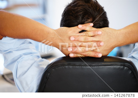 Office, back view of man and relax in chair of work idea, solutions or project in workspace. Business person, working and accountant stretching or thinking in workplace while in resting break Office, back view of man and relax in chair of work idea, solutions or project in workspace. Business person, working and accountant stretching or thinking in workplace while in resting break 141267878