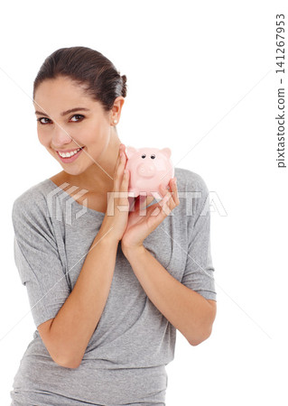 Portrait, piggy bank and happy woman in studio for finance, budget or investment. Face, smile and person with money box for savings, income or security of future profit isolated on a white background Portrait, piggy bank and happy woman in studio for finance, budget or investment. Face, smile and person with money box for savings, income or security of future profit isolated on a white background 141267953