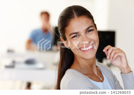 Business woman, office and portrait with smile for opportunity, internship and new start at company. Person, employee and happy with confidence for career development, growth and progress at agency 141268035