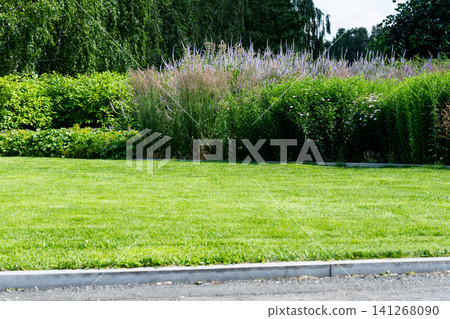 Lush Green Lawn Surrounded by Vibrant Foliage and Colorful Flower Beds in a Picturesque Garden Setting 141268090