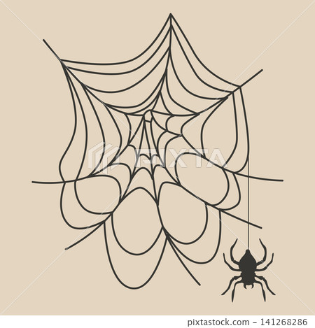 Hand-drawn Halloween black spooky silhouette of spider web and poisonous spider for seasonal party decor or packaging Hand-drawn Halloween black spooky silhouette of spider web and poisonous spider for seasonal party decor or packaging 141268286