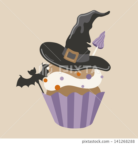 Hand-drawn Halloween spooky cupcake with witch hat, toadstool and bat topper for seasonal party decor or packaging Hand-drawn Halloween spooky cupcake with witch hat, toadstool and bat topper for seasonal party decor or packaging 141268288