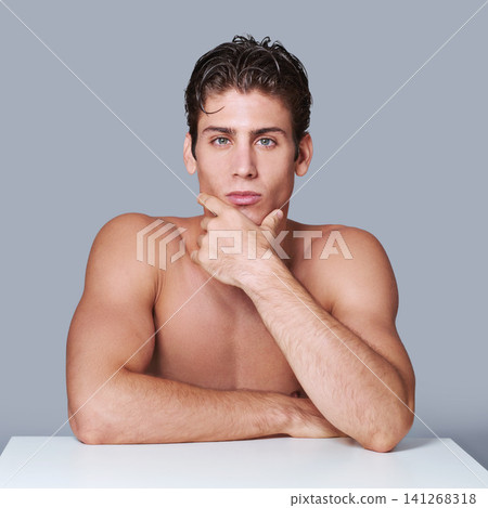 Man, portrait and skincare in studio for treatment with cosmetic dermatology, wellness or grey background. Male person, face and healthy transformation on mockup for wellbeing, hygiene or self care Man, portrait and skincare in studio for treatment with cosmetic dermatology, wellness or grey background. Male person, face and healthy transformation on mockup for wellbeing, hygiene or self care 141268318