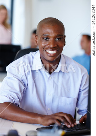 Portrait, African man, computer and pride in career in modern office, proposal and email for company. Businessman, technology and smile in workplace for web designing and project for client. Portrait, African man, computer and pride in career in modern office, proposal and email for company. Businessman, technology and smile in workplace for web designing and project for client. 141268344