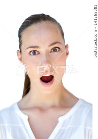 Studio, surprise or portrait of woman with shock, open mouth and wow expression for news or gossip. Sale, isolated white background or face of a person in disbelief for announcement, deal or discount Studio, surprise or portrait of woman with shock, open mouth and wow expression for news or gossip. Sale, isolated white background or face of a person in disbelief for announcement, deal or discount 141268383