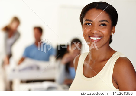 Portrait, black woman and smile at office as magazine editor for publication and confident. Female person, people and happy with pride for startup company or business and satisfied with career media Portrait, black woman and smile at office as magazine editor for publication and confident. Female person, people and happy with pride for startup company or business and satisfied with career media 141268396