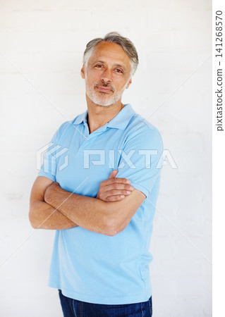 Portrait, fashion and senior man with arms crossed, casual outfit and model on white studio background. Face, mature person and old guy with mockup space and trendy with stylish clothes or retirement Portrait, fashion and senior man with arms crossed, casual outfit and model on white studio background. Face, mature person and old guy with mockup space and trendy with stylish clothes or retirement 141268570