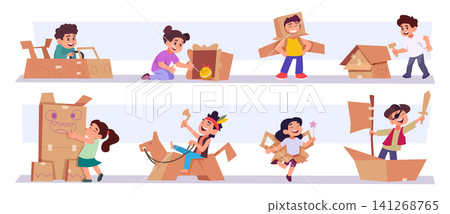 Kids crafts. Vector illustration features boys girls and cardboard constructions with imaginative play scenes and DIY projects as exact asset 141268765