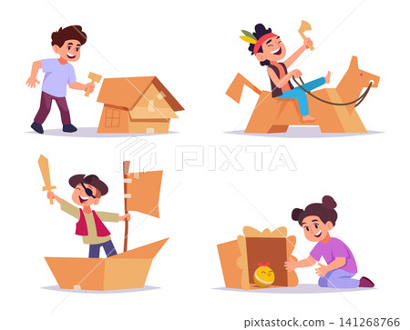Cardboard toys. Vector illustration shows children building castles rockets airplanes and houses from boxes in a creative exact collection Cardboard toys. Vector illustration shows children building castles rockets airplanes and houses from boxes in a creative exact collection 141268766