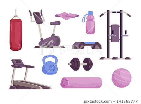 Fitness equipment. Vector illustration shows gym machines weights punching bags rings and athletes training in a exact collection Fitness equipment. Vector illustration shows gym machines weights punching bags rings and athletes training in a exact collection 141268777