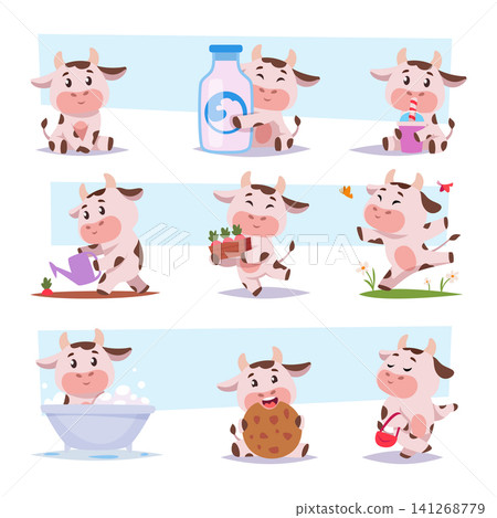 Cute cows. Vector illustration features adorable cartoon calves with plants milk fruit tools desserts and farming scenes as exact assets Cute cows. Vector illustration features adorable cartoon calves with plants milk fruit tools desserts and farming scenes as exact assets 141268779