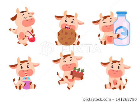 Farm animals. Vector illustration shows cute baby cows gardening harvesting eating treats and playing with farm objects in a exact collection Farm animals. Vector illustration shows cute baby cows gardening harvesting eating treats and playing with farm objects in a exact collection 141268780