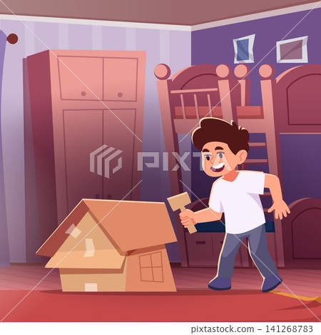 Kids creativity. Vector illustration shows a child building and decorating a cardboard house indoors through imaginative play Kids creativity. Vector illustration shows a child building and decorating a cardboard house indoors through imaginative play 141268783