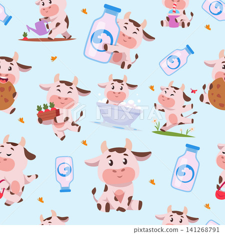 Cow pattern. Vector seamless pattern with cute cows milk bottles fruit cookies and farm elements on a light background Cow pattern. Vector seamless pattern with cute cows milk bottles fruit cookies and farm elements on a light background 141268791