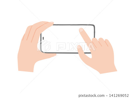 Illustration of a hand operating a smartphone held horizontally. Illustration of a hand operating a smartphone held horizontally. 141269052