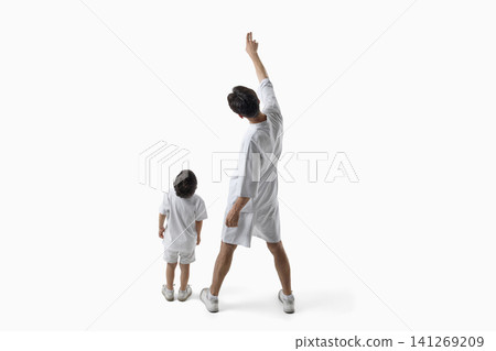 Father pointing upward beside young son viewed from behind on white background. Father pointing upward beside young son viewed from behind on white background. 141269209