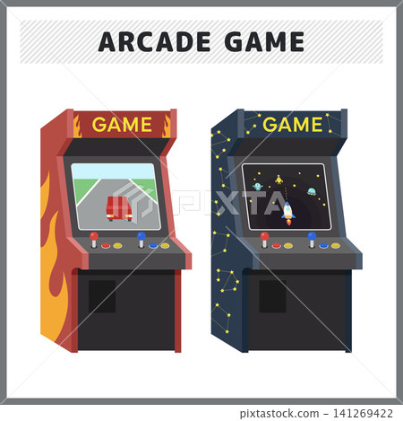 Illustrations of retro arcade game cabinets featuring a driving game and a space shooting game. Illustrations of retro arcade game cabinets featuring a driving game and a space shooting game. 141269422
