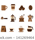 Collection of flat coffee icons including mug, takeaway cup, coffee beans, bean, scoop, French press, grinder, moka pot, coffee bag, espresso cup, hot coffee and carafe 141269464