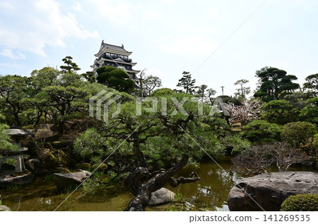 Fukuyama Castle as seen across the pond from the Japanese garden. 141269535