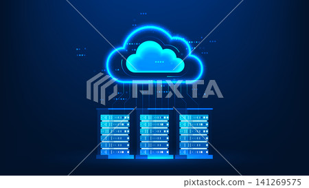 Cloud computing technology cloud connect to servers below through digital network lines, representing cloud infrastructure, cloud storage, server connectivity, scalable computing, secure data transfer Cloud computing technology cloud connect to servers below through digital network lines, representing cloud infrastructure, cloud storage, server connectivity, scalable computing, secure data transfer 141269575