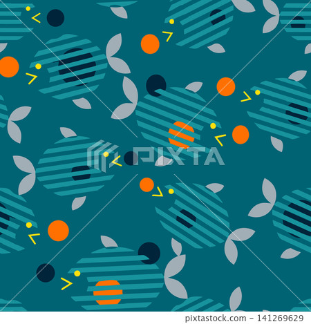 Cute abstract fish seamless pattern in modern geometric style. Teal marine vector background with striped ocean fish and orange dots for fabric. 141269629