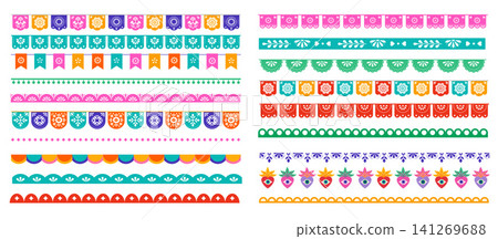 Collection of traditional Mexican colorful papel picado garlands. Decorative vector borders set for Collection of traditional Mexican colorful papel picado garlands. Decorative vector borders set for 141269688
