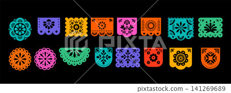 Collection of traditional Mexican colorful papel picado flags. Decorative vector elements set for Collection of traditional Mexican colorful papel picado flags. Decorative vector elements set for 141269689