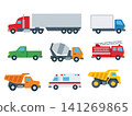 Flat transportation vehicle icon set featuring semi truck, delivery truck, pickup, cement mixer, fire truck, dump truck, ambulance and heavy mining truck 141269865