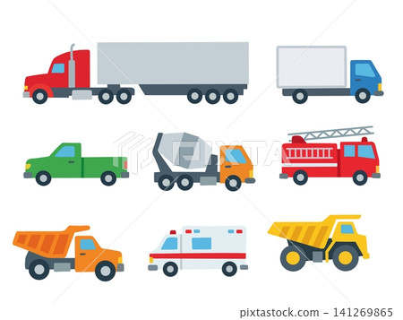 Flat transportation vehicle icon set featuring semi truck, delivery truck, pickup, cement mixer, fire truck, dump truck, ambulance and heavy mining truck 141269865