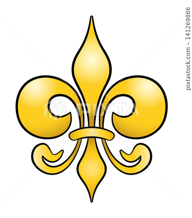 Golden fleur-de-lis or also fleur-de-lys symbol, incorrectly translated as flower of the lily, but is a stylized iris. Originally associated with France, and used since centuries for heraldry. Vector 141269866