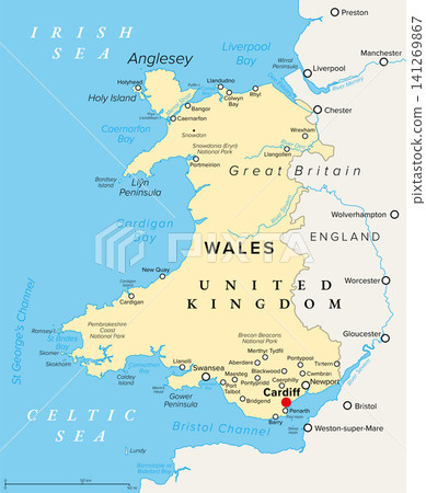 Wales, United Kingdom, political map with capital and largest city Cardiff. Country on the island of Great Britain bordered by England, the Irish Sea, the Celtic Sea, and the Bristol Channel. Vector 141269867
