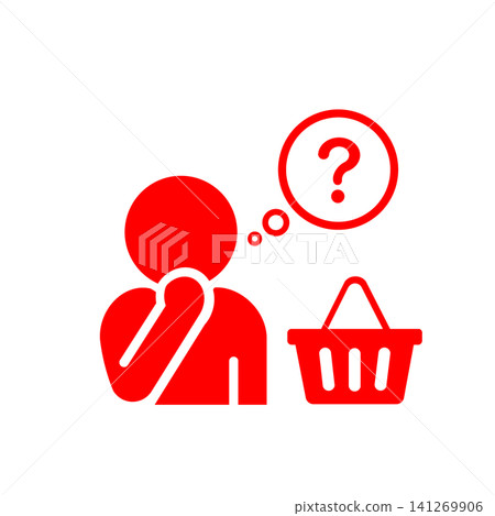 A pictogram (red) of a person who is undecided about what to buy while shopping. A pictogram (red) of a person who is undecided about what to buy while shopping. 141269906