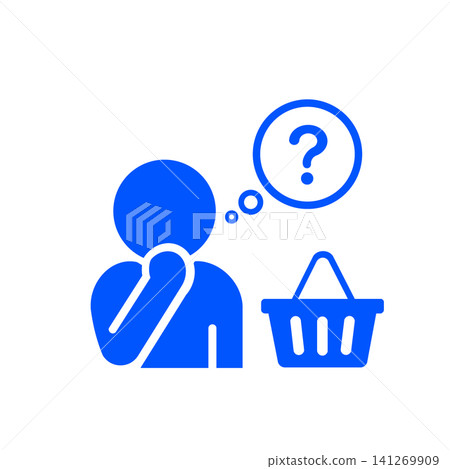 一個(藍色)象形圖,表示購物時猶豫不決的人不知道該買什麼。 一個(藍色)象形圖,表示購物時猶豫不決的人不知道該買什麼。 141269909