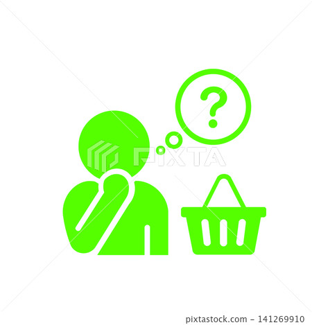 A pictogram (green) of a person who is undecided about what to buy while shopping. A pictogram (green) of a person who is undecided about what to buy while shopping. 141269910