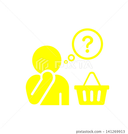 A pictogram (yellow) of a person who is undecided about what to buy while shopping. A pictogram (yellow) of a person who is undecided about what to buy while shopping. 141269913
