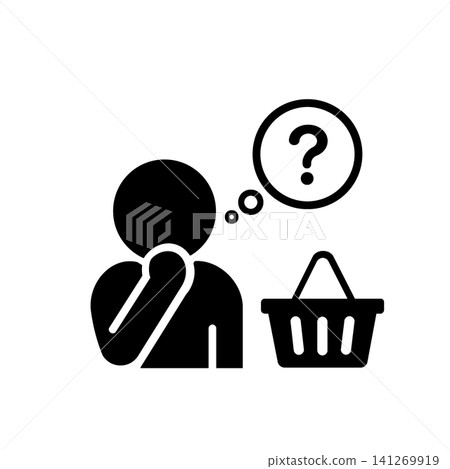 A pictogram (black) of a person who is undecided about what to buy while shopping. A pictogram (black) of a person who is undecided about what to buy while shopping. 141269919
