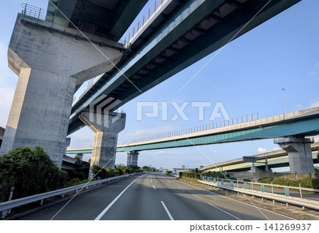 藍天下,高架橋和高速公路交錯而過。 藍天下,高架橋和高速公路交錯而過。 141269937