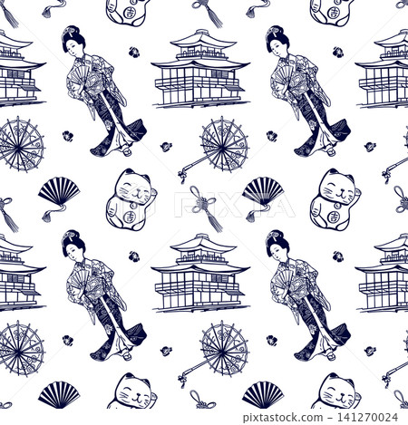 Japanese girl in a kimono seamless pattern with Maneki Neko cat, building, fan and umbrella. Hand drawn illustration in a graphic style. Black ink clip art for wrapping paper, textiles and wallpaper. Japanese girl in a kimono seamless pattern with Maneki Neko cat, building, fan and umbrella. Hand drawn illustration in a graphic style. Black ink clip art for wrapping paper, textiles and wallpaper. 141270024