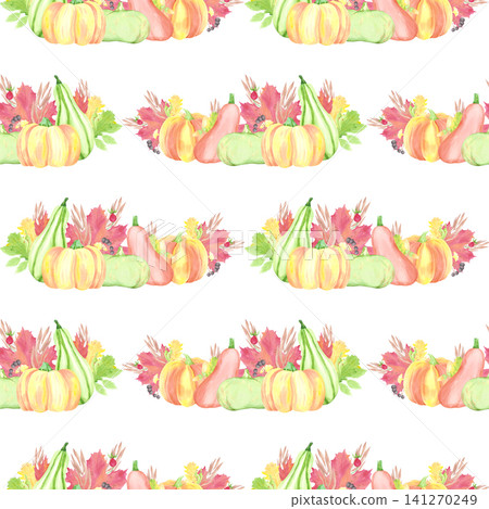 Hand drawn watercolor pumpkins, leaves and berries seamless pattern. Autumn illustration isolated on white background. Can be used for textile, fabric and other printed products Hand drawn watercolor pumpkins, leaves and berries seamless pattern. Autumn illustration isolated on white background. Can be used for textile, fabric and other printed products 141270249