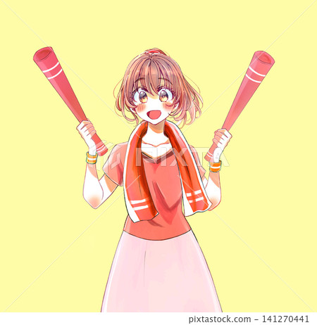 A cheerful-looking woman in a red uniform, holding a megaphone in both hands. A cheerful-looking woman in a red uniform, holding a megaphone in both hands. 141270441