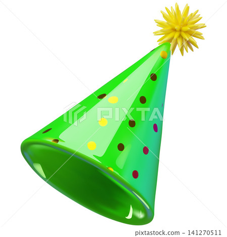 Party hat 3D cartoon plastic style, vector realistic festive fun green hat cone shape with polka dots pattern decoration Party hat 3D cartoon plastic style, vector realistic festive fun green hat cone shape with polka dots pattern decoration 141270511