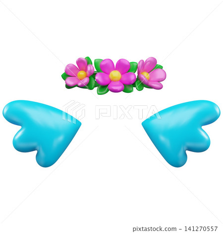 A 3D set of blue wings and a pink flower wreath, a carnival costume. A 3D set of blue wings and a pink flower wreath, a carnival costume. 141270557