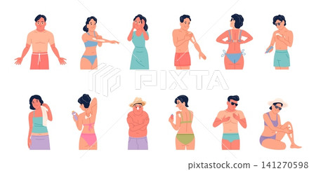Using sunscreen. Sunburn prevention, skin problems without sunscreens products. People apply lotions and creams, sun protection on beach and city, recent vector set Using sunscreen. Sunburn prevention, skin problems without sunscreens products. People apply lotions and creams, sun protection on beach and city, recent vector set 141270598