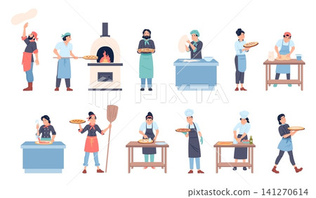 Pizza cooking characters. Chefs in professional uniform making pizza, working with dough and tomato sauce. Flatbread with cheese cooking, recent vector clipart Pizza cooking characters. Chefs in professional uniform making pizza, working with dough and tomato sauce. Flatbread with cheese cooking, recent vector clipart 141270614